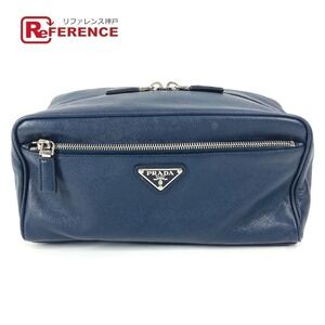 Prada Triangle Logo Plat Bag Shoulder Clutch Saffiano Leather Navy Blue